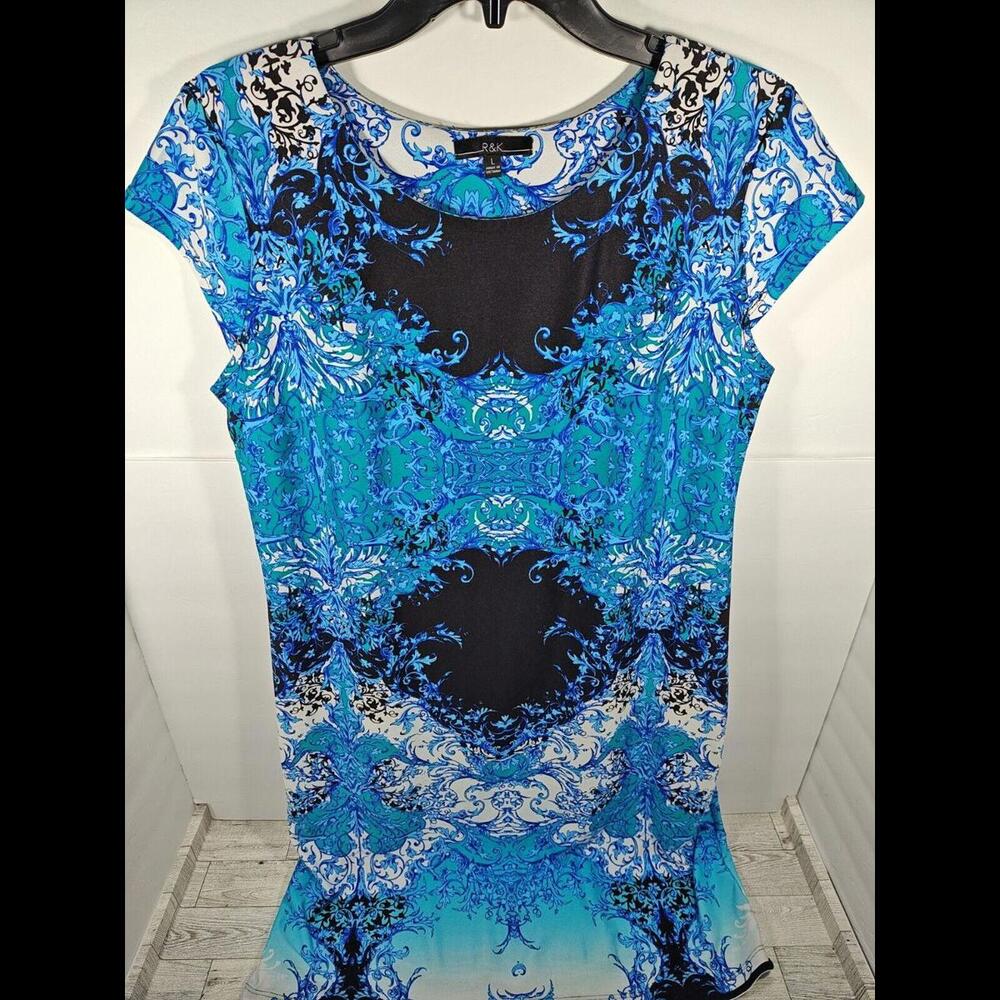 R&K Womens Dress Large Blue Black Teal White Stretch Knit Sleeveless Casual